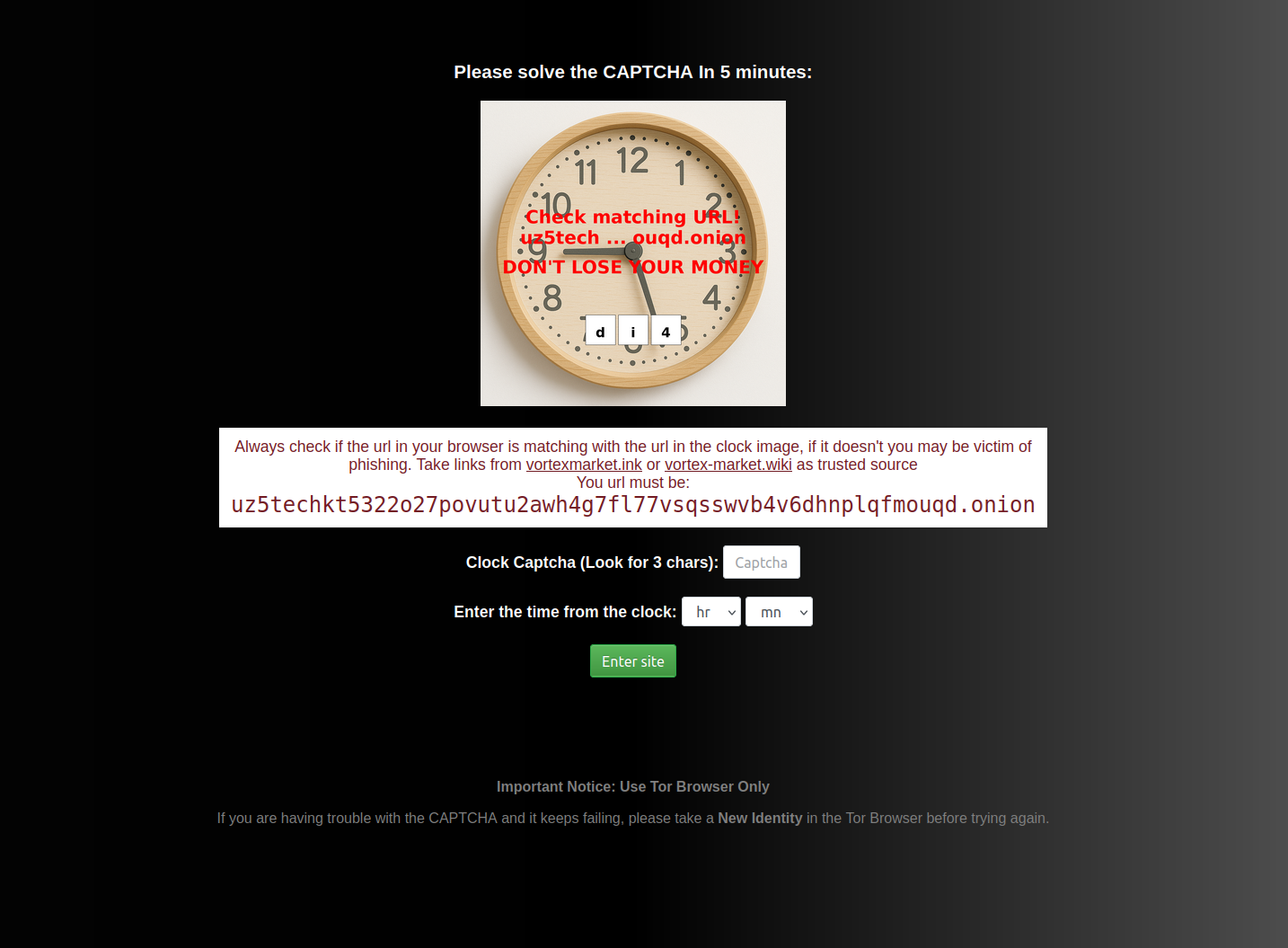 Vortex Market clock CAPTCHA verification