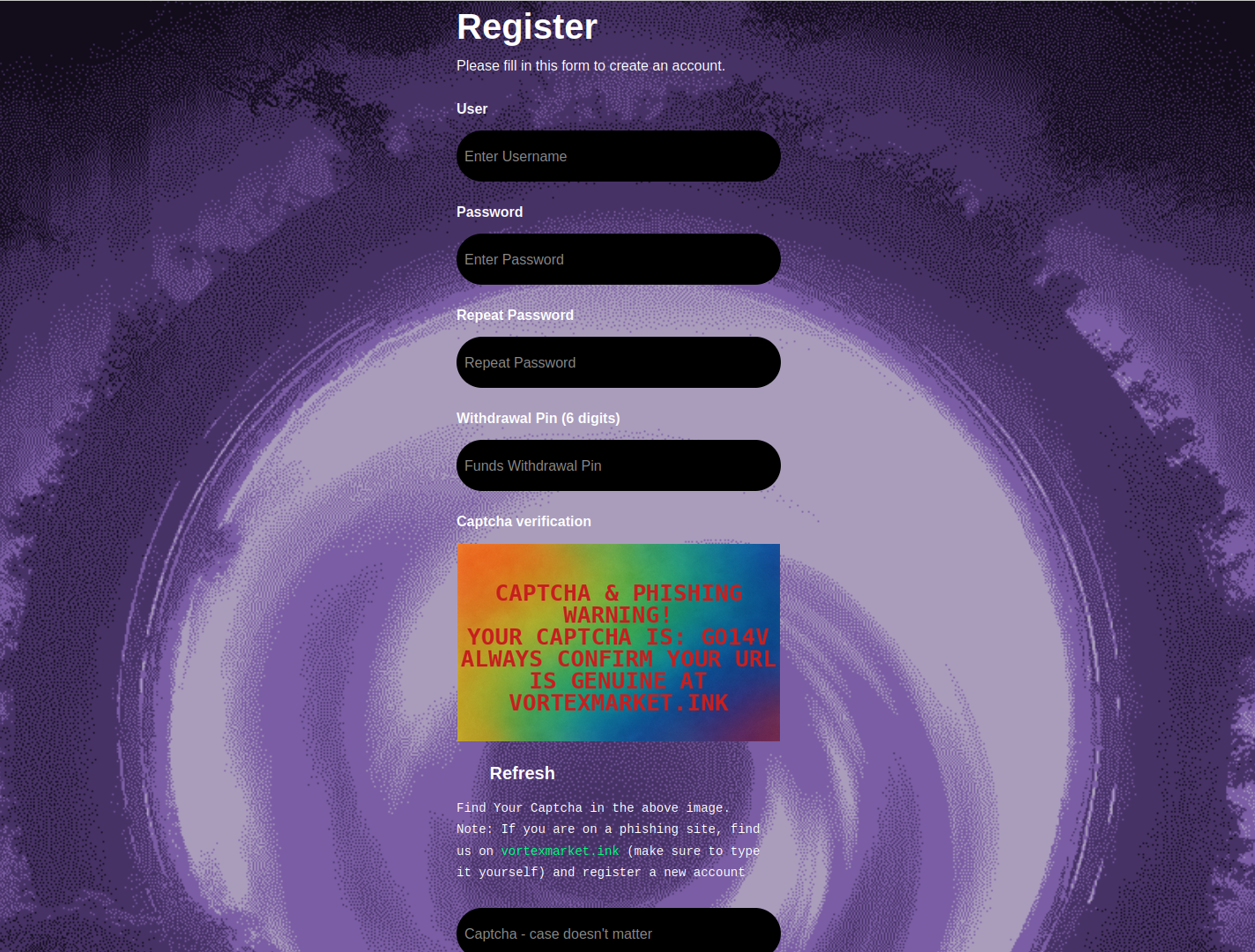 Vortex Market registration window